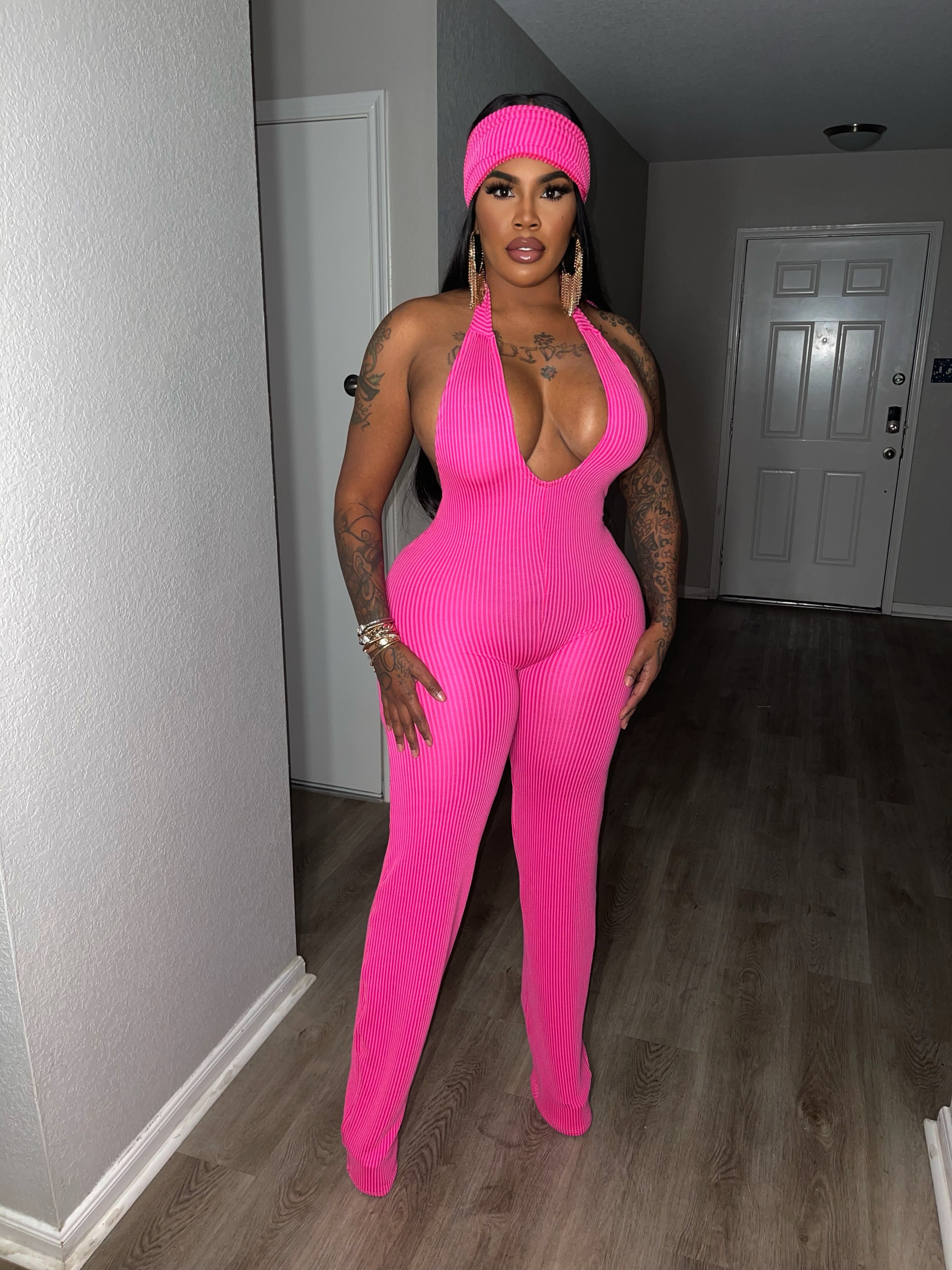 Pink passion jumpsuit with head wrap