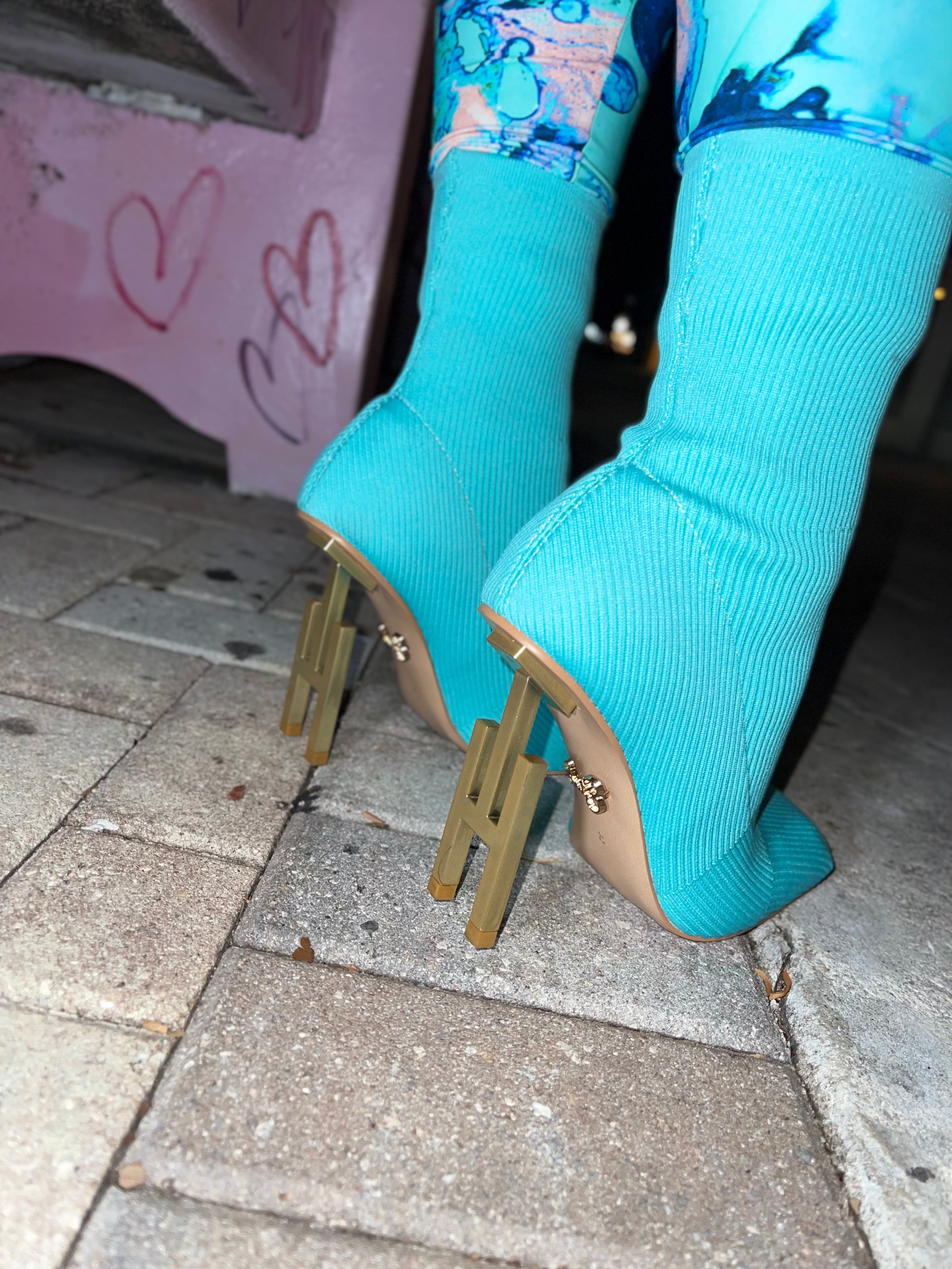 Teal blue sock H heel