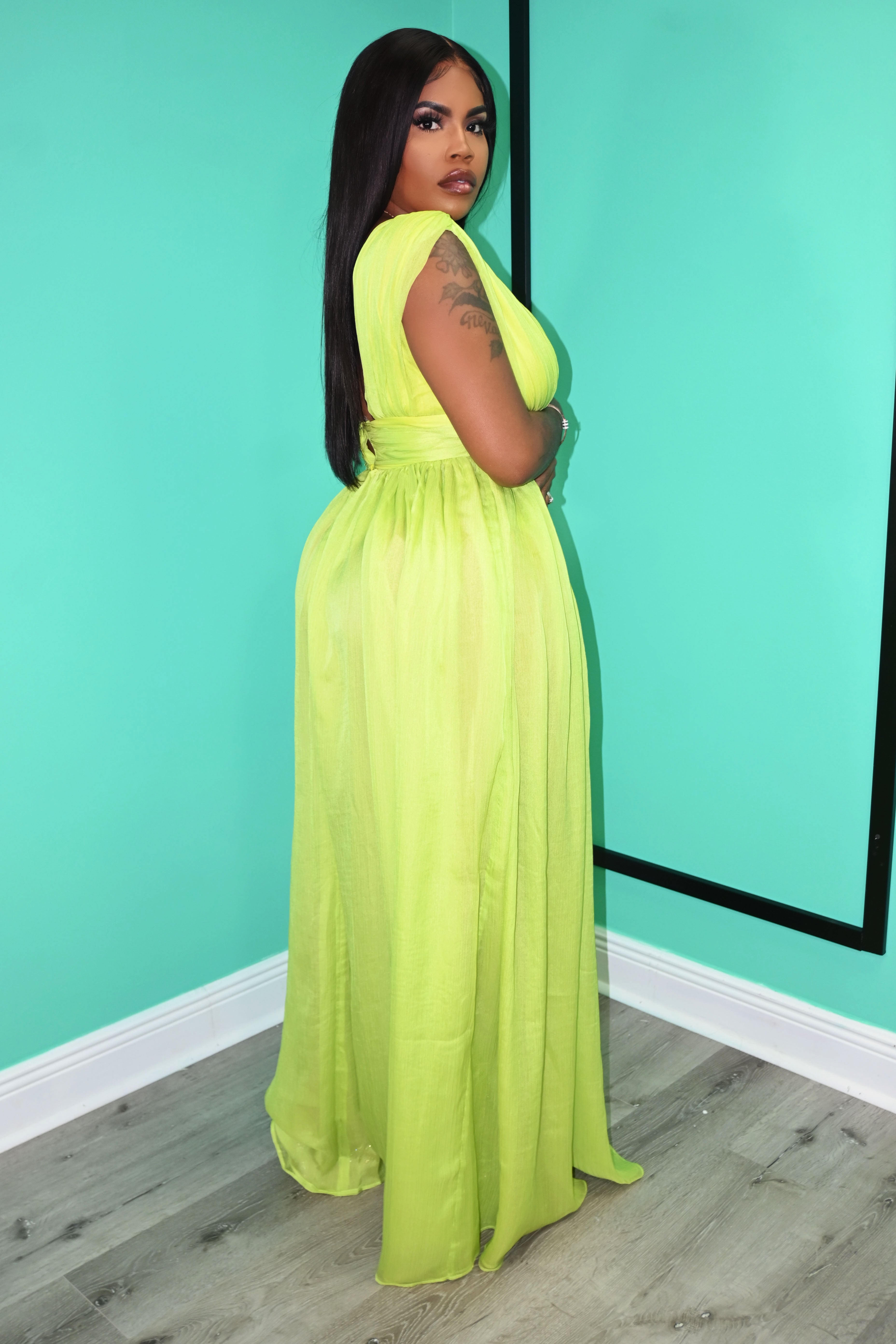 Lime silk pleated dress