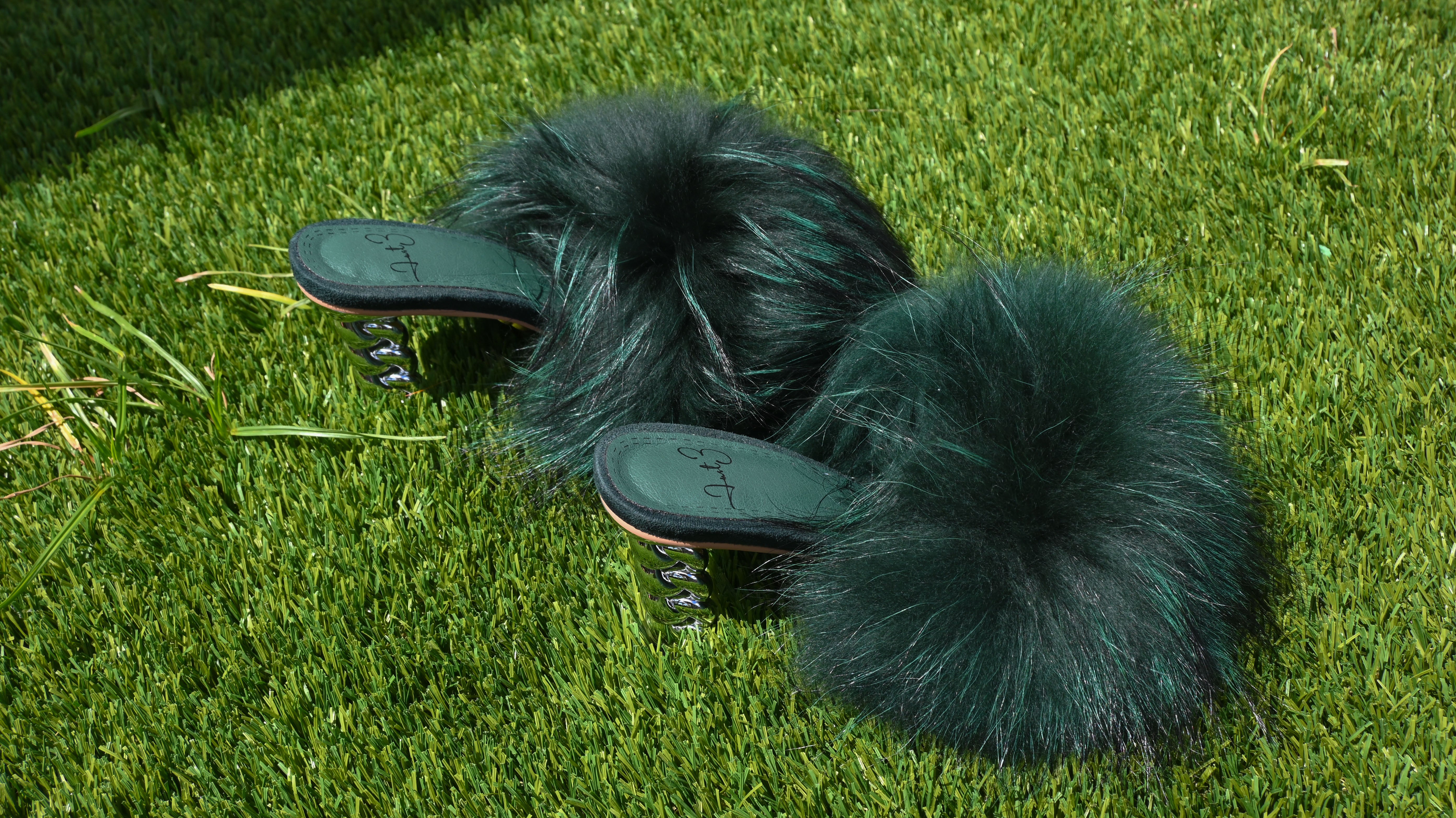 Fur in the summer green mules